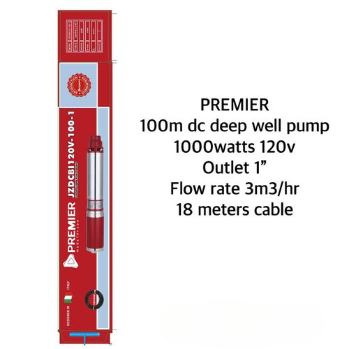 Premier 100M DC Deep Well Solar Submersible Pump 1000Watts 120V Flow Rate 3M3/hr