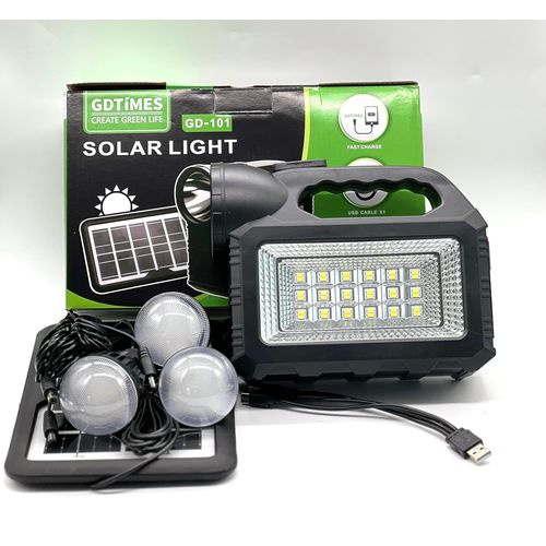 GDTIMES Solar Lighting System with 3 Light Bulbs, Mobile Charging, Torch and solar panel