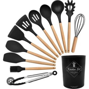 12Pcs Silicone Kitchen Utensils Set with Wooden Handles & Storage Bucket