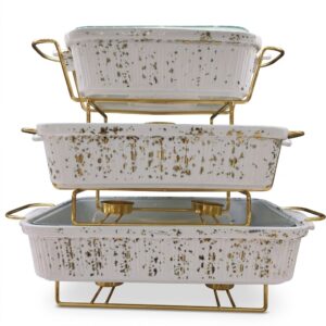 3Pcs White & Gold Ceramic Chafing Dish Set with Warmer Stands