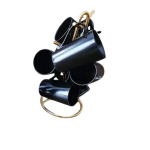 Black Ceramic Mug Set 6 Pcs with Gold Stand