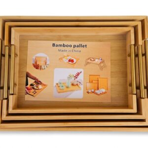 3Pcs Bamboo Serving Tray Set with Gold Handles