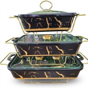 3Pcs Black & Gold Ceramic Chafing Dish Set with Warmer Stands