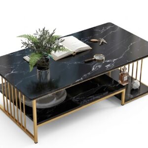 Executive Black Marble-Top Coffee Table with Gold Metal Frame
