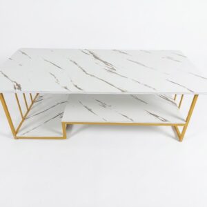 Executive White Marble-Top Coffee Table with Gold Metal Frame