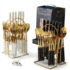 24Pcs Marble Handle Gold Cutlery Set with Stand