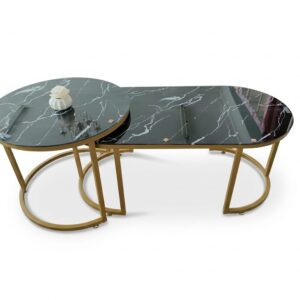2-in-1 Marble Effect Nesting Coffee Table Set, Glass Look Top with Gold Metal Frame, Black