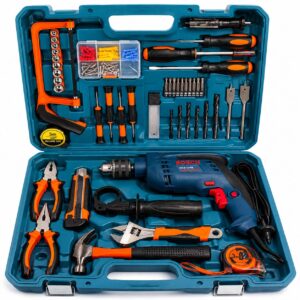 Bosch Corded Drill Set with Side Handle, Drill Bits, Screwdriver Bits, Hand Tools and Carry Case